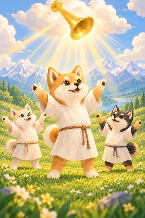 雲の上のラッパの音に応えて、両手を高く上げて立ち上がる三匹の柴犬の絵