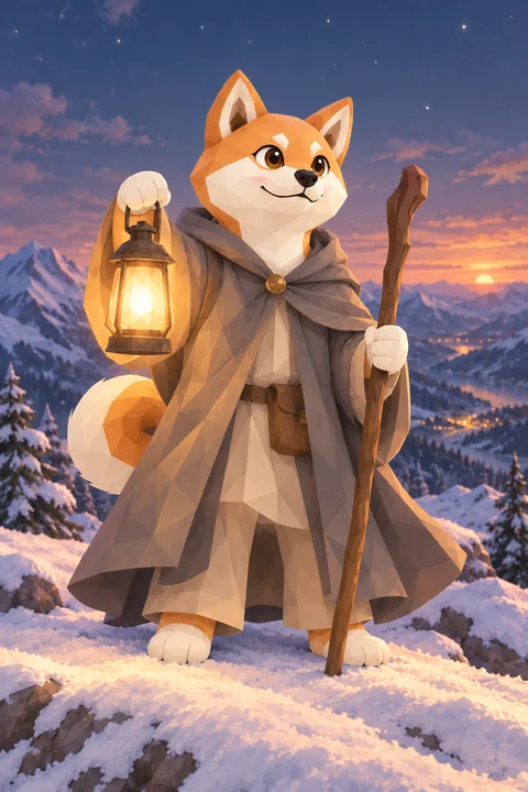 雪の積もった山の上で、ランタンを掲げ、杖をついて静かに立つ柴犬の絵