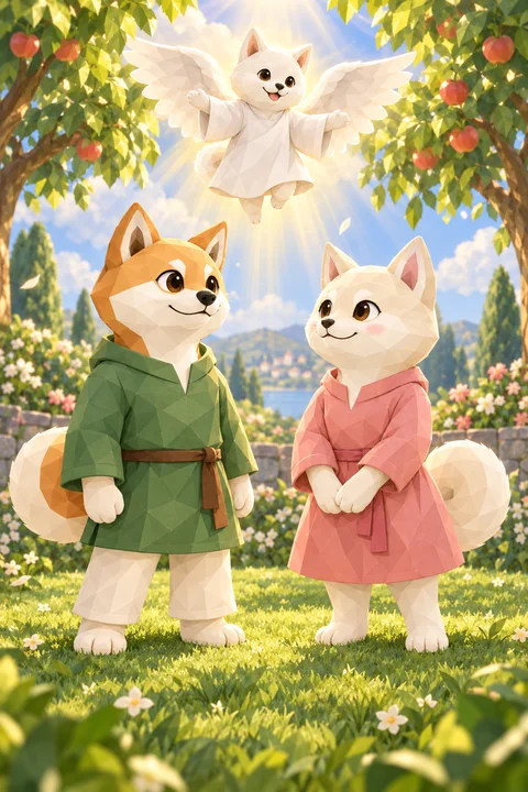毛色の違う二匹の柴犬が向かい合い、その上を翼のある小さな白い犬の姿が見守る絵