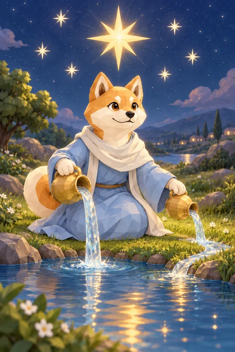 星空の下の池のほとりで、二つの水差しから水を注ぐ柴犬の絵