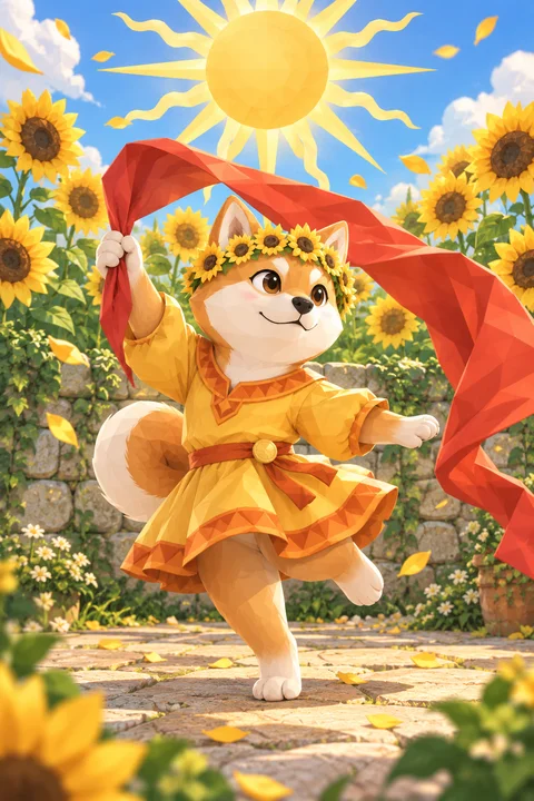 大きな太陽の下、ひまわりに囲まれた石畳で、赤い布をなびかせて踊る柴犬の絵