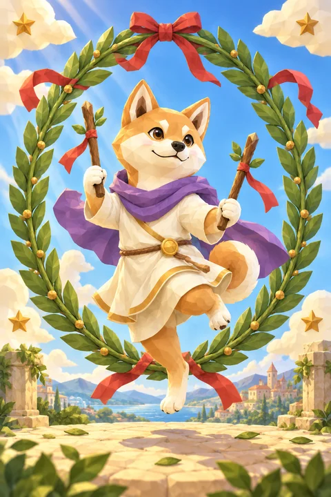 月桂樹の輪の中で、両手に短い杖を持って軽やかに舞う柴犬と、四すみの星の絵