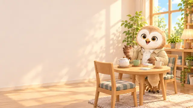 明るい部屋の丸いテーブルで、フクロウがお茶を用意して質問を待っている絵
