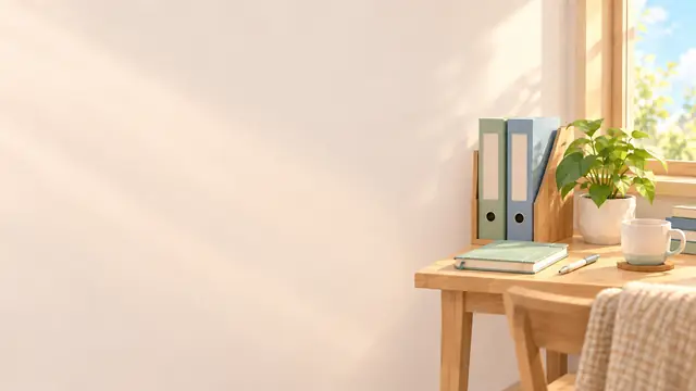 窓辺の机に、ファイルとノートと鉢植えが整って置かれている絵