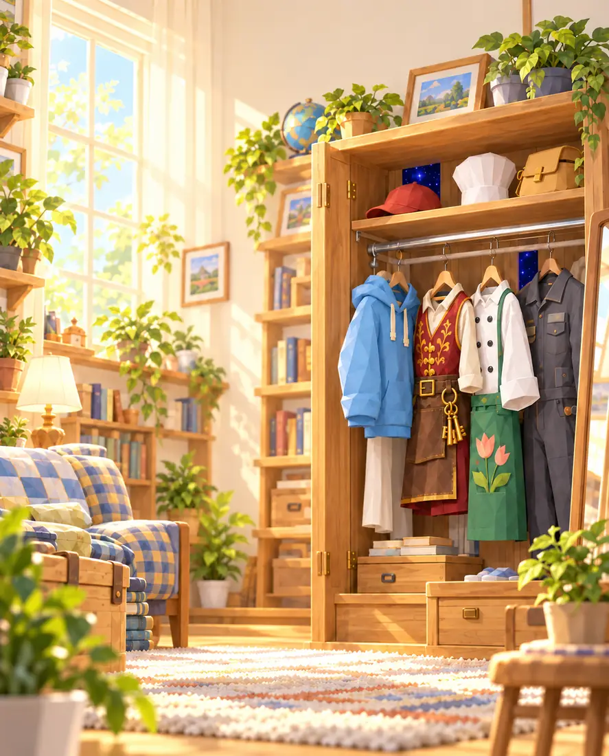服のかかったクローゼットのある部屋