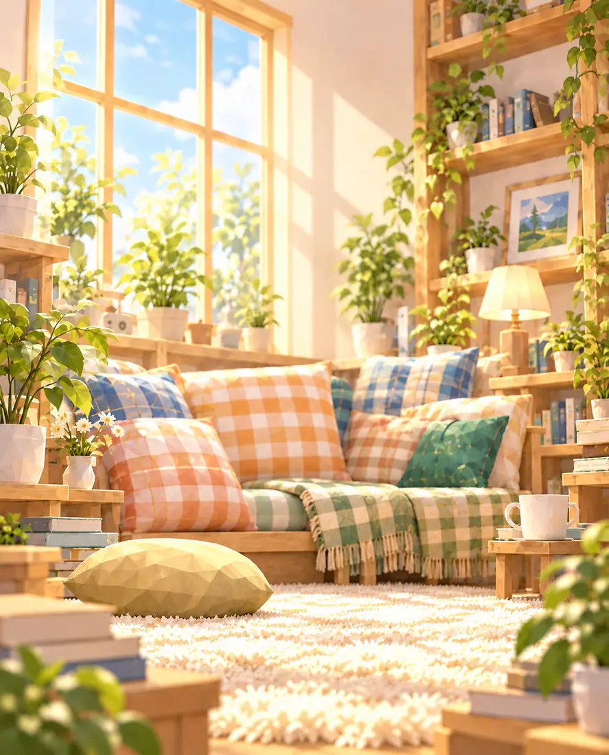 クッションを並べたソファと本棚のある部屋