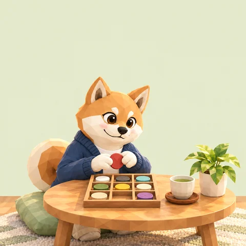丸い座卓で、9つに区切った木の盆に色の違う丸い札を並べていく柴犬