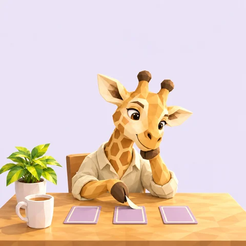 観葉植物とカップのある机で、伏せた3枚のカードの1枚に手を伸ばすキリン